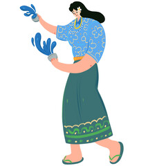 Woman splashing water with water bowls hand drawn illustration