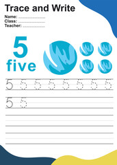 Number five tracing practice worksheet with five planets Venus. Page for kids learning to count and to write. Vector Illustration. Exercise for children to recognize the number.