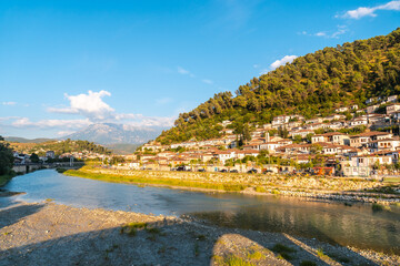 The historic city of Berat in Albania and its river, UNESCO World Heritage Site, the city of a...