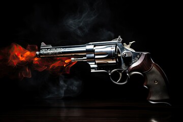 A cold revolver with fire. Self defense weapon concept. Black background. Generative AI - obrazy, fototapety, plakaty