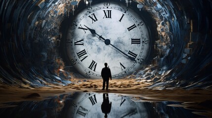 Amidst a surreal dreamscape, a massive melting clock oozes into a river of distorted reflections, as time and reality intertwine in a mesmerizing dance - obrazy, fototapety, plakaty