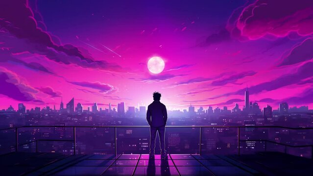man standing alone looking at the full moon above the building at night. Animated looping background.