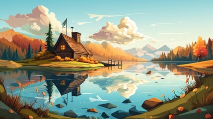 Cartoon houses mirror in front of a lake with clouds in the blue sky