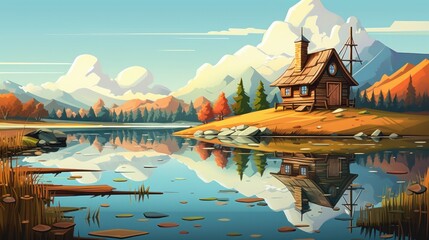 Cartoon houses mirror in front of a lake with clouds in the blue sky