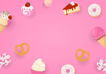 Sweet bakery on pink background with copy space
