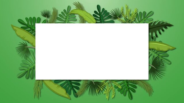 Green jungle forest background with empty border banner with tropical plant leaves