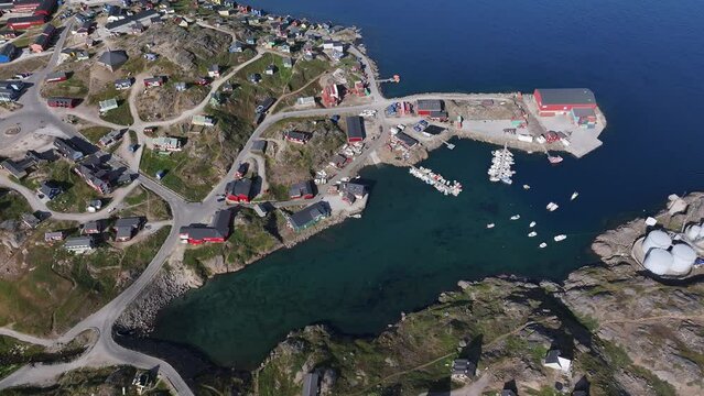aerial view of harbor in arctic ocean fjord