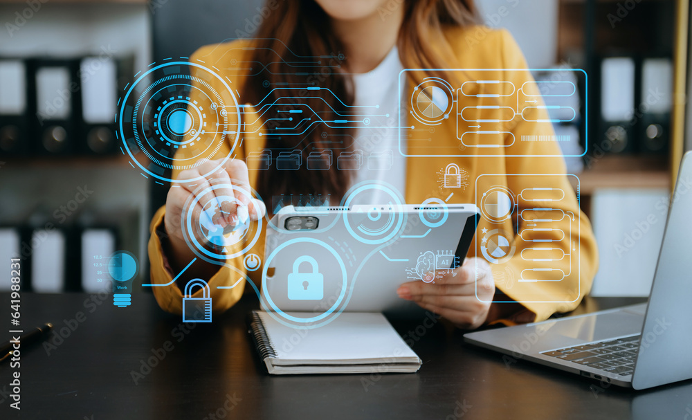 Aufkleber cyber security data protection business working on compute intelligenc digital tablet global network