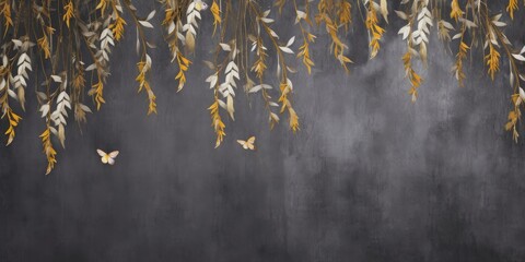 Photo wallpaper, wallpaper, mural design in the loft, classic, modern style. Willow branches with gold butterflies on a dark concrete grunge wall, Generative AI