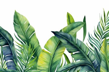 Tropical palm and banana leaves. Jungle wallpaper. Isolated watercolor background, Generative AI - obrazy, fototapety, plakaty