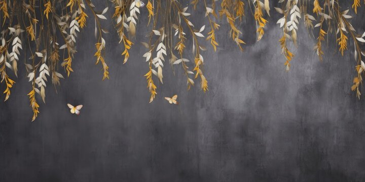 Fototapeta Photo wallpaper, wallpaper, mural design in the loft, classic, modern style. Willow branches with gold butterflies on a dark concrete grunge wall, Generative AI