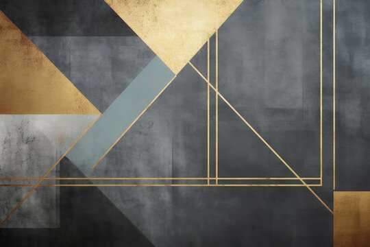 Grunge photo wallpaper with geometric abstraction on concrete background with gold elements. Illustration for wallpaper, fresco, mural, Generative AI