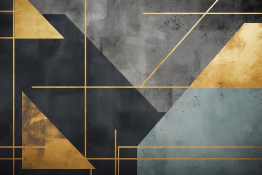 Grunge photo wallpaper with geometric abstraction on concrete background with gold elements. Illustration for wallpaper, fresco, mural, Generative AI