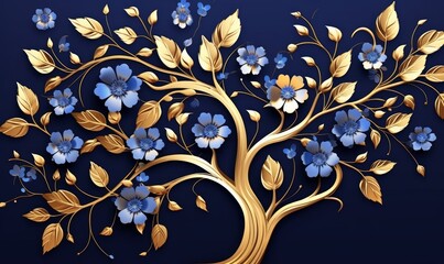 Elegant gold and royal blue floral tree with seamless leaves and flowers hanging branches illustration background. 3D abstraction wallpaper for interior mural painting wall art decor, Generative AI