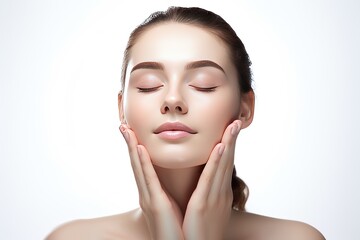 a pretty women for face wash product model, with hand on her face, fresh face, beautiful, glowing, healthy skin, Generative AI