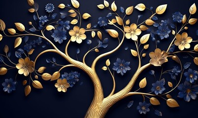 Elegant gold and royal blue floral tree with seamless leaves and flowers hanging branches illustration background. 3D abstraction wallpaper for interior mural painting wall art decor, Generative AI