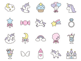 かわいいユニコーンとお城や星や月などのガーリーアイコンのベクターイラストセット　　/流れ星、クリームソーダ、哺乳瓶、虹、アイスクリーム、指輪、飴、羽 © chie