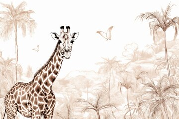 Safari Wildlife Cheetah, Giraffe in Exotic African Plants Engraving Doodle Drawing, Tropical Wallpaper Mural Toile Seamless Pattern, Generative AI - obrazy, fototapety, plakaty