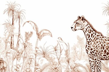 Safari Wildlife Cheetah, Giraffe in Exotic African Plants Engraving Doodle Drawing, Tropical Wallpaper Mural Toile Seamless Pattern, Generative AI