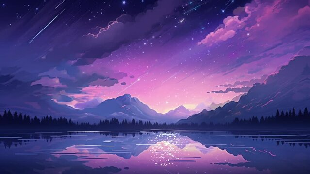 sky views of stars and meteors falling over the mountains and clear rivers below. Animated looping background.