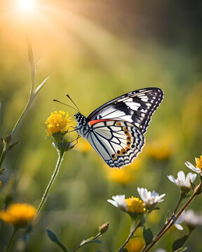 a butterfly sits on a flower in a meadow in the warm morning light - generative ai