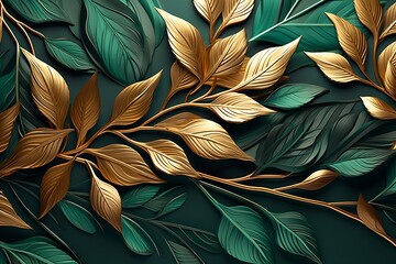 Leaves background. 3d mural floral wallpaper. golden and green f leaves, Generative AI