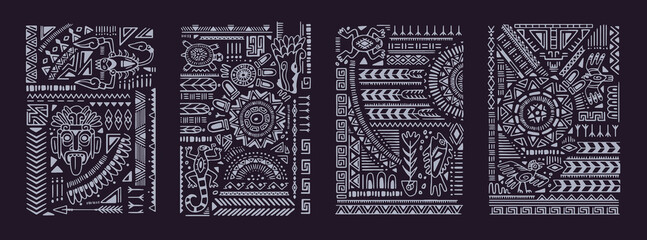 Ethnic ornaments posters. Ancient aztec, maya, cherokee wall art. Traditional african, mexican tattoo print. Abstract tribal shapes, figures for interior decoration. Flat isolated vector illustration
