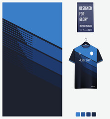 Soccer jersey pattern design. Geometric pattern on blue background for soccer kit, football kit, sports uniform. T shirt mockup template. Fabric pattern. Abstract background. 