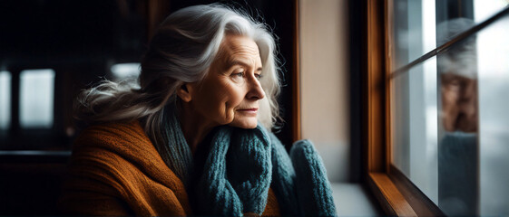 Depressive, einsame, alte Frau am Fenster schaut verzweifelt ins Leere. Konzept: Einsamkeit im Alter - obrazy, fototapety, plakaty