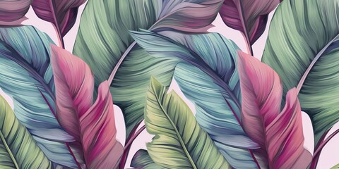 Tropical exotic luxury seamless pattern with pastel color banana leaves, palm, colocasia. Hand-drawn 3D illustration. glamorous art design. Good for wallpapers, cloth fabric printing, Generative AI