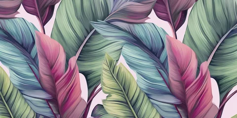 Foto op Canvas Tropical exotic luxury seamless pattern with pastel color banana leaves, palm, colocasia. Hand-drawn 3D illustration. glamorous art design. Good for wallpapers, cloth fabric printing, Generative AI © Visual Wonders