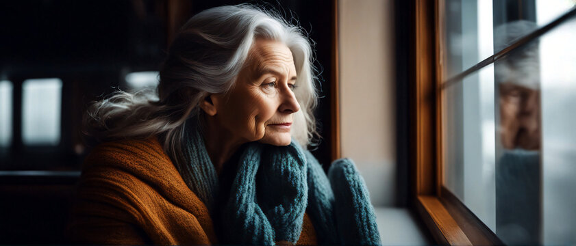 Depressive, einsame, alte Frau am Fenster schaut verzweifelt ins Leere. Konzept: Einsamkeit im Alter
