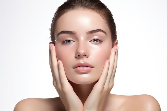 a pretty women for face wash product model, with hand on her face, fresh face, beautiful, glowing, healthy skin, Generative AI