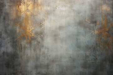 Grunge photo wallpaper with golden abstract elements on concrete background. Illustration for wallpaper, fresco, mural, Generative AI
