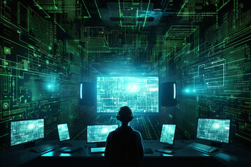 A technologically advanced room overflows with projections of binary code and innovative interfaces, revealing a hacker's digital workspace