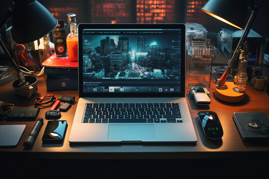 Laid out methodically on a desk are essential tools for a hacker: high-tech laptops, encrypted USB drives, and interfaces showing dark web portals