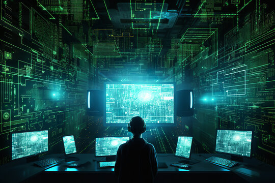 A technologically advanced room overflows with projections of binary code and innovative interfaces, revealing a hacker's digital workspace