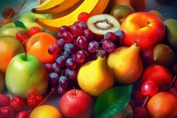 Naklejka na ściany i meble Fresh fruits colorful art. Generate Ai