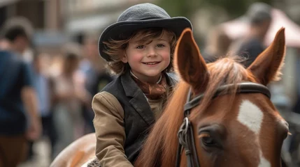 Foto op Canvas Cute little boy riding a horse on a sunny day. Close-up. © John Martin
