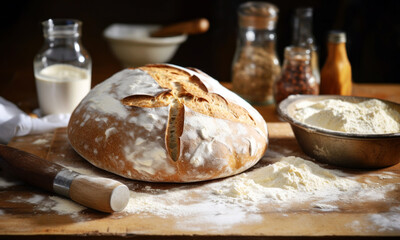 Fototapeta premium Freshly baked bread and ingredients on a table