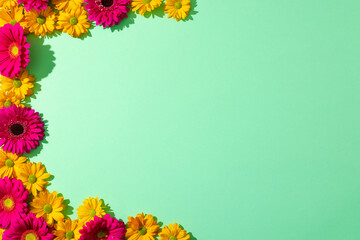 Obraz premium Yellow and pink flowers and copy space on green background