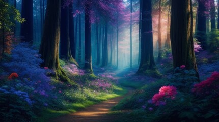 Mysterious spring forest with pink flowers. Generative ai