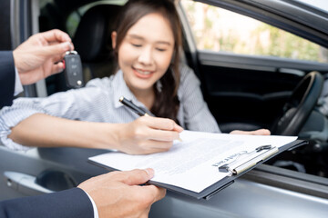 lease, rental car, sell, buy. Dealership send contract and car keys to new owner to sign. Sales, loan credit financial, rent vehicle, insurance, renting, Seller, dealer, installment, car care business