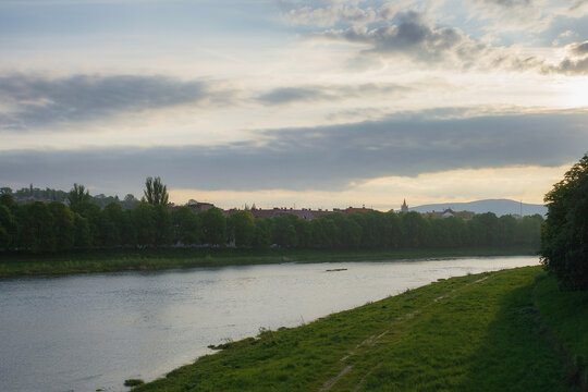 uzhhorod downtown by the river in the morning. cloudy weather in summer