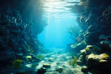 An underwater scene in a cave. The cave is made up of rocks and boulders, with some green plants and coral scattered around, rays of sunlight shining down from the surface