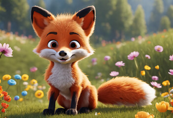 Cute and adorable little fox sitting on a meadow in flowers. Generative AI