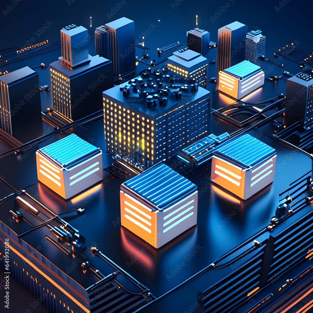 Poster server room data center with glowing lights. 3d render illustration.