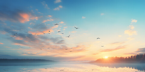 abstract beautiful peaceful summer sky background; sunrise new day and flying flock of birds - obrazy, fototapety, plakaty