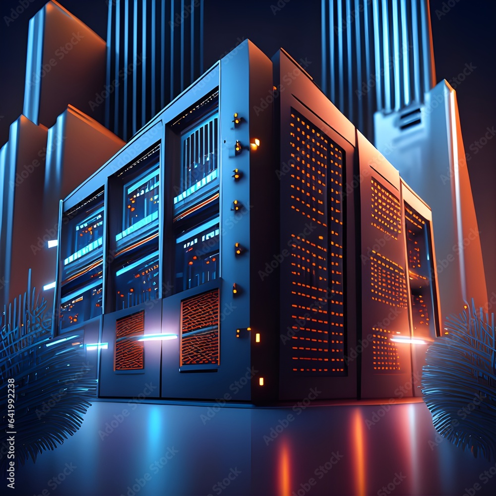 Poster server room data center with glowing lights. 3d render illustration.