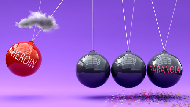 Heroin leads to paranoia. A Newton cradle metaphor in which heroin repeatedly sets paranoia in motion. Cause and effect relation between. Vicious cycle,3d illustration